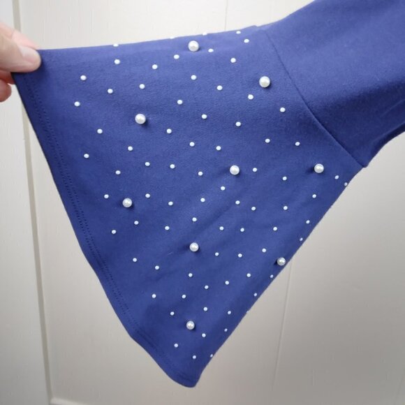 Quacker Factory | Cotton Knit  Bell Sleeve Pearl Trim Pull On Top Blue | Size L - Picture 5 of 9